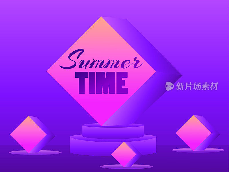 夏天的时间。带有紫色渐变的3d 80年代风格的讲台。3D演播室舞台与讲台，展厅基座。合成波和逆波风格。矢量图